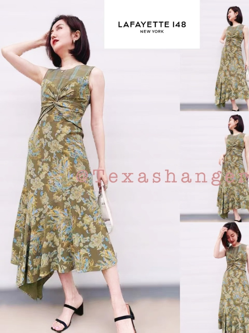 Lafayette 148 New York NWT Patchwork Asymmetric Midi-Dress Size 4 Chive Multi